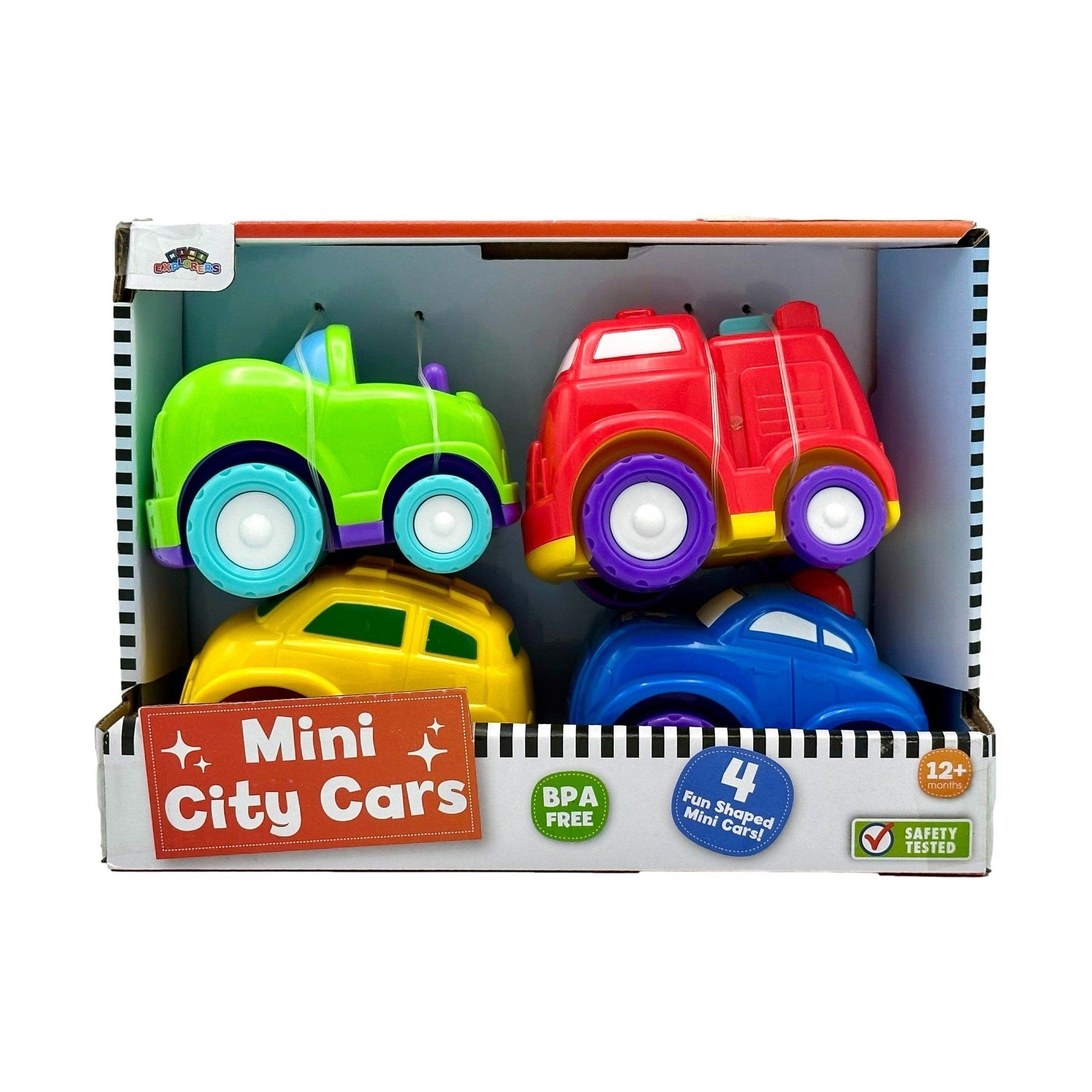 A set of four colorful toy cars in a cardboard box.